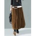 Women Corduroy Button Trim Elastic Waist Solid Retro Skirt With Pocket