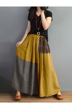 Women Plaid Patchwork Elastic Waist Swing Skirt With Pocket