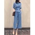 Solid Belt Pocket Rolled Sleeve Wide Leg Two Pieces Suit