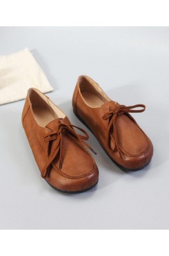 Soft Flat Shoes Brown Cowhide Leather Loafers For Women