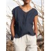 Solid Pocket Slit V  neck Short Sleeve Casual Blouse