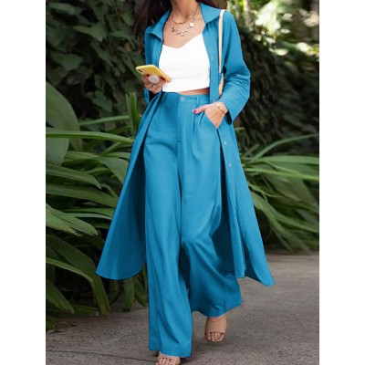 Solid Pocket Button Lapel Long Sleeve Two Pieces Set Women