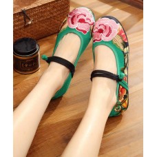 Green Flat Shoes Embroideried Comfy Cotton Fabric Buckle Strap Flat Shoes For Women