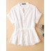 Solid Button Drawstring V Neck Roll Sleeve Casual Cotton Blouse