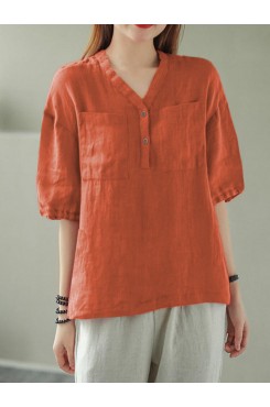 Solid Button Pocket V Neck Half Sleeve Casual Cotton Blouse