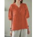 Solid Button Pocket V Neck Half Sleeve Casual Cotton Blouse